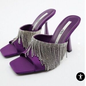 Zara Rhinestone Fringe Heeled Sandals Purple Size 37 US 6.5 NWT